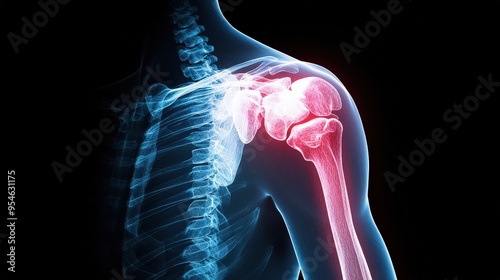 An X-ray blue of a shoulder with the upper arm and shoulder joint highlighted in red photo