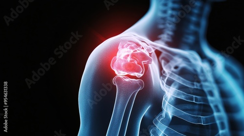 An X-ray blue of a shoulder with the upper arm and shoulder joint highlighted in red photo