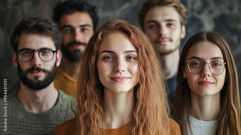 A group of young adults stands together, with a woman standing confidently in the foreground. A group of young adults stands together, with a woman standing confidently in the foreground.