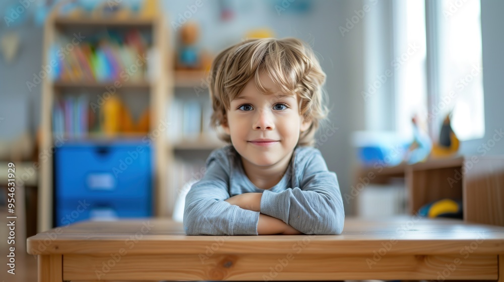 cute schoolboy sitting at the desk, smiling, looking at the camera during the lesson cute schoolboy sitting at the desk, smiling, looking at the camera during the lesson