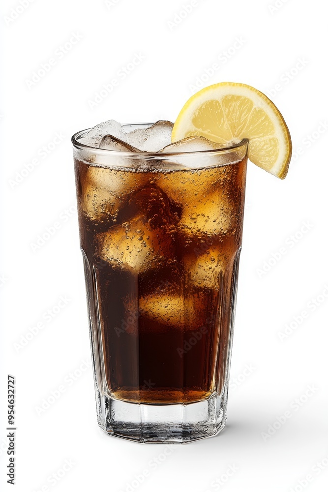 Isolated Classic Cola with Ice Cubes and Generous Lemon Slice Garnish on White Background. Isolated Classic Cola with Ice Cubes and Generous Lemon Slice Garnish on White Background.