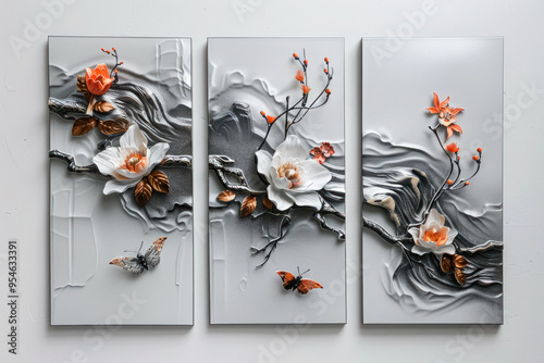 Oil paintings artwork, floral, leaves and flowers triptych 