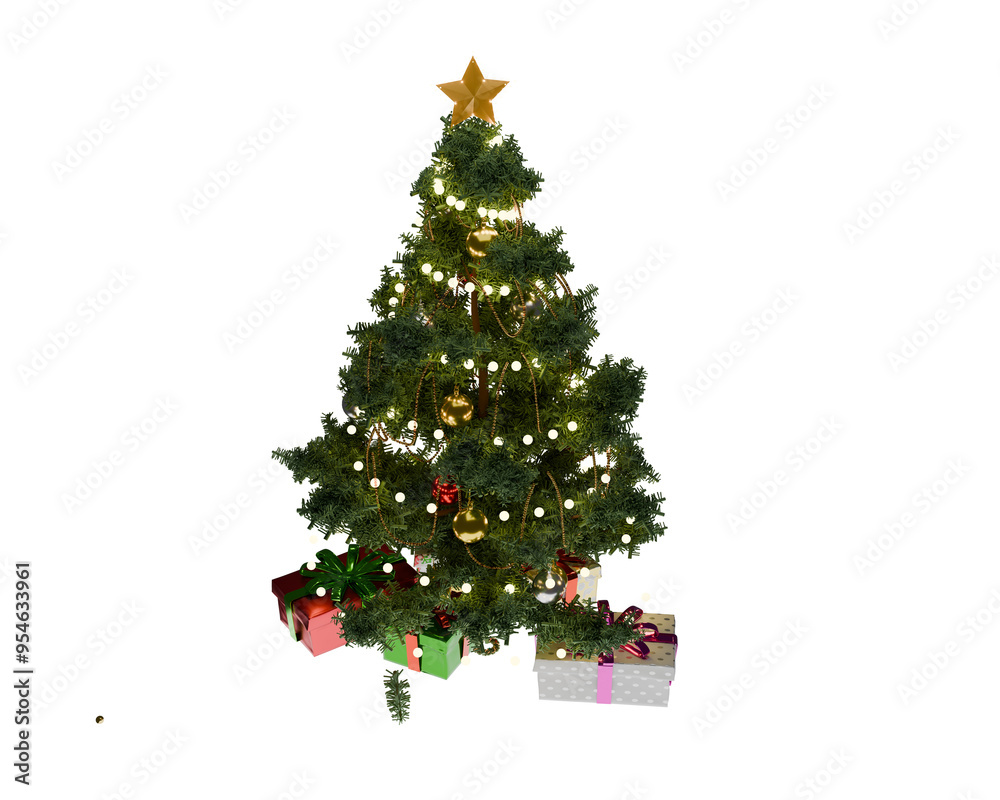 Decorated Christmas tree with baubles for new year , 3d render