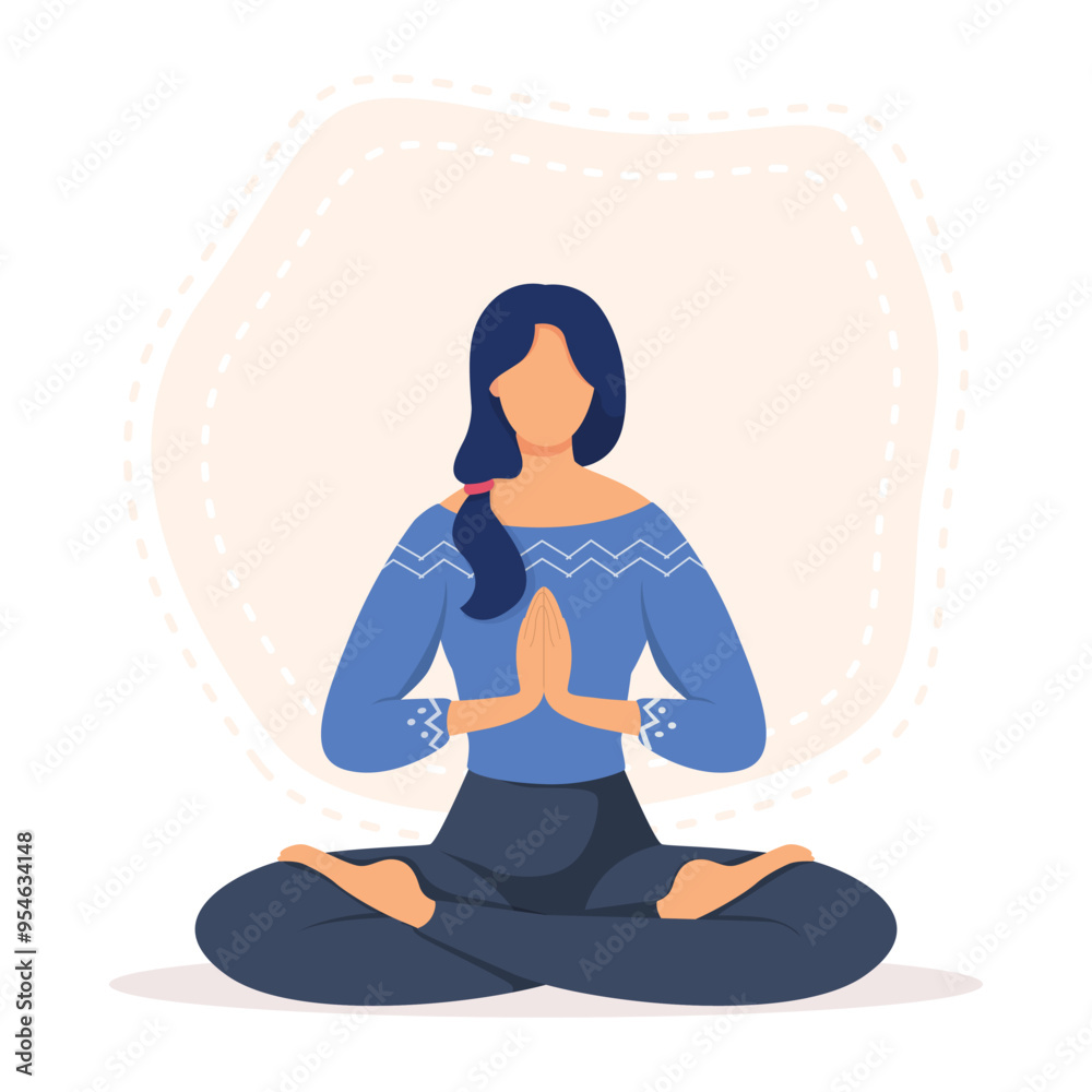 Girl in yoga lotus pose at home. Young and happy woman meditates.Vector illustration. Girl in yoga lotus pose at home. Young and happy woman meditates.Vector illustration.