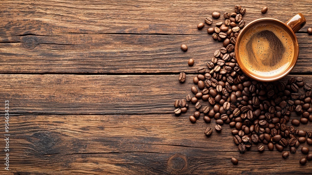 Rustic Coffee Break - Top View of Coffee Cup and Beans on Wooden Table Rustic Coffee Break - Top View of Coffee Cup and Beans on Wooden Table