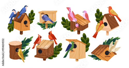 Bird houses set. Cute spring birdies at wood homes with perches and holes. Feeding boxes, nesting shelters, handmade wooden birdhouses. Flat vector illustrations isolated on white background.