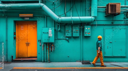 Industrial Worker Walking by Colorful Factory Wall with Pipes and Electrical Boxes