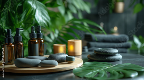 A set of holistic skincare tools including gua sha stones, vacuum cups, and facial rollers on a spa table.