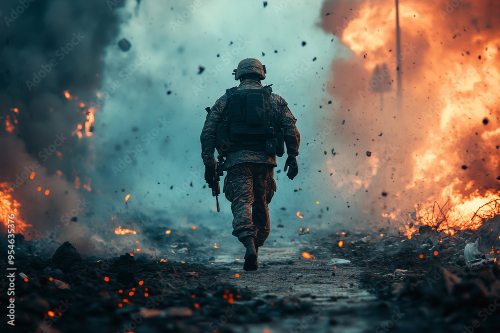 A lone soldier walks through a fiery battlefield, surrounded by explosions and smoke. The scene captures the intensity and chaos of war. A lone soldier walks through a fiery battlefield, surrounded by explosions and smoke. The scene captures the intensity and chaos of war.