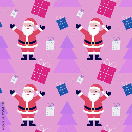 Christmas holiday seamless pattern design. Santa Claus and gift boxes in flat style.