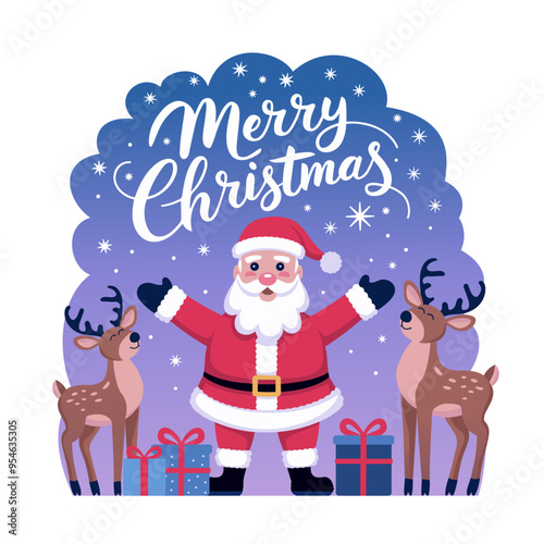 Christmas holiday postcard design. Santa Claus, deers, gift boxes and decorate lettering in flat style.