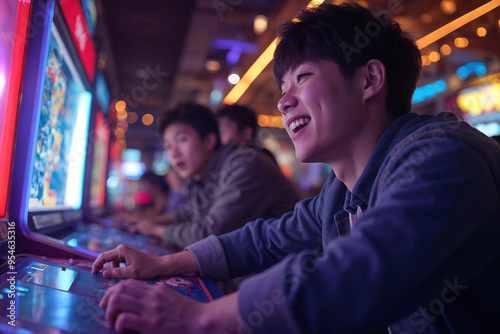 An Asian teenager playing on an arcade machine, smiling as he just cleared another game level and gotten the high score. Japanese young man absorbed in an intense videogame at a gesen in Tokyo, Japan.