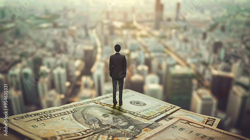 The man standing on money with the economic crisis deepens. photo