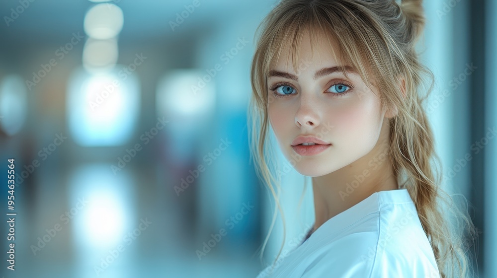 Photographic Portrait of a Young Nurse in a White Uniform Standing in an Old Hospital Hallway with Blue and Gray Tones - Capturing a Serene and Professional Atmosphere