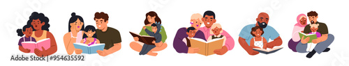 Family reading together set. Parents, little children with story books. Mothers, fathers and kids learning together. Childs education by mom, dad. Flat vector illustration isolated on white background