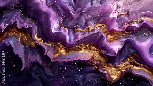 Abstract purple and gold marbled texture with fluid patterns, luxurious elegance concept