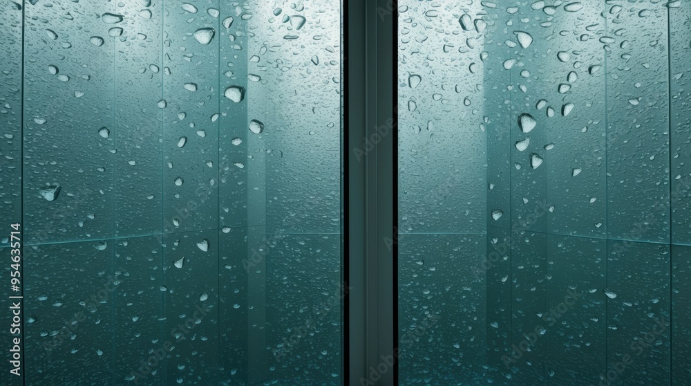 Water droplets condensing on a glass surface, creating an abstract pattern with a greenish hue Water droplets condensing on a glass surface, creating an abstract pattern with a greenish hue