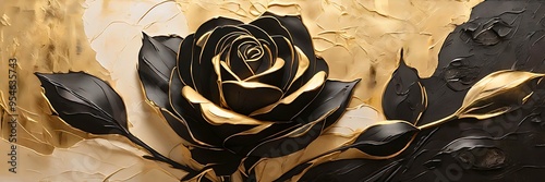 3d illustration, black gold rose flower blooming, textured rough acrylic strokes style. Abstract background for design, artwork, wallpaper, backdrop, template, banner