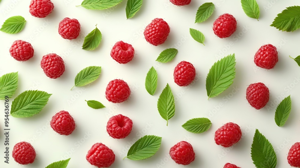A flat lay of fresh raspberries and green leaves arranged aesthetically on a light background.