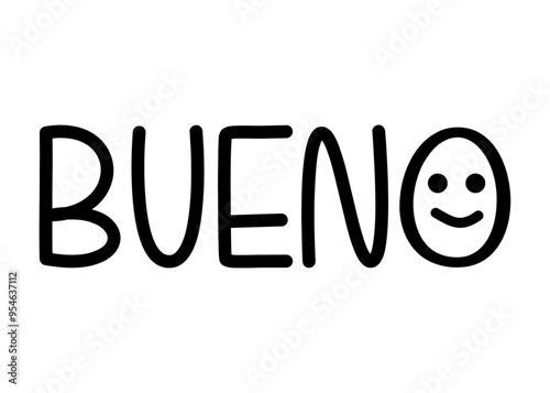 Logo con palabra en texto manuscrito Bueno en español con símbolo emoticono alegre en lugar de letra O