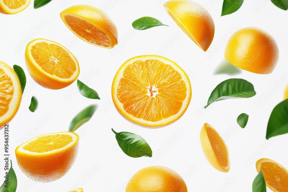 Flying fresh raw whole and sliced oranges with leaves on white background. Falling oranges Flying fresh raw whole and sliced oranges with leaves on white background. Falling oranges