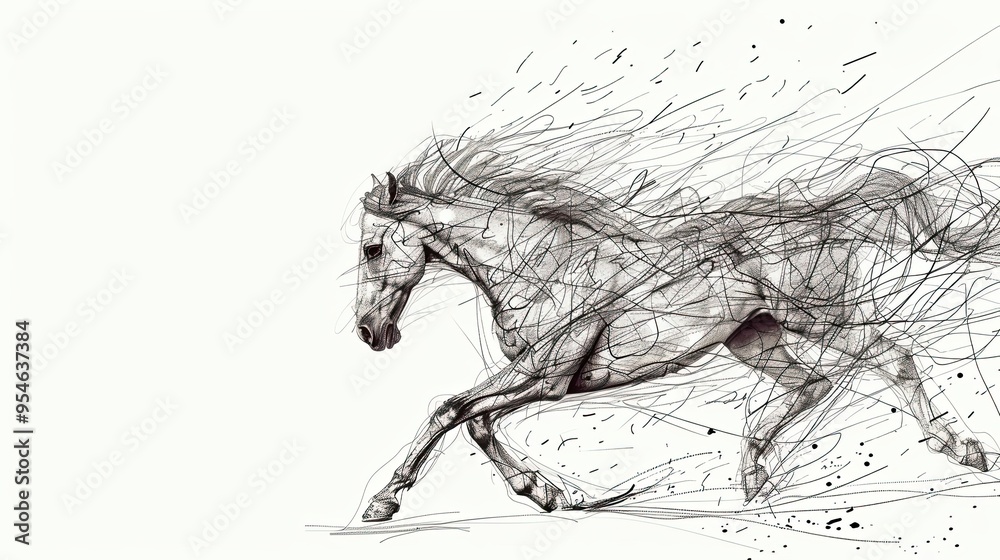 Fototapeta premium Beautiful silhouette of a horse on a white background. a galloping horse. Artistic image. Copy space