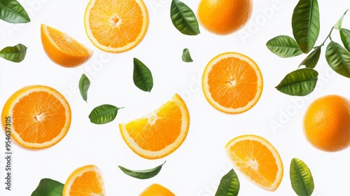 Flying fresh raw whole and sliced oranges with leaves on white background. Falling oranges