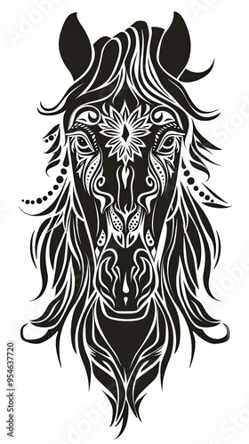 horse tattoo drawing. Beautiful silhouette of a horse on a white background. Horse's head. Artistic image. vertical frame