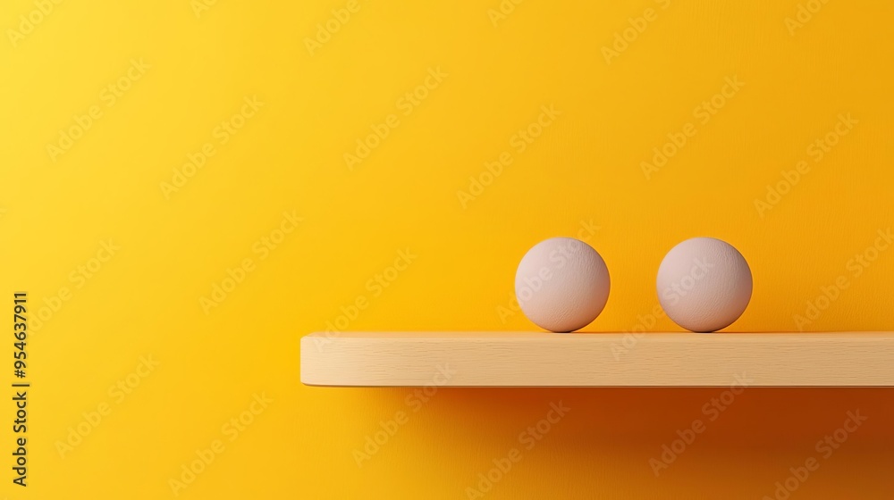 Two simple eggs on a wooden shelf against a bright yellow background, creating a cheerful and minimalistic composition. Two simple eggs on a wooden shelf against a bright yellow background, creating a cheerful and minimalistic composition.