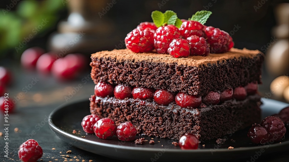 Sweet Black Forest Cake Cubes on Dark Background Sweet Black Forest Cake Cubes on Dark Background