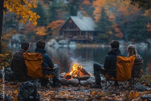 A group of people sit around a fire in a forest, with a cabin in the background