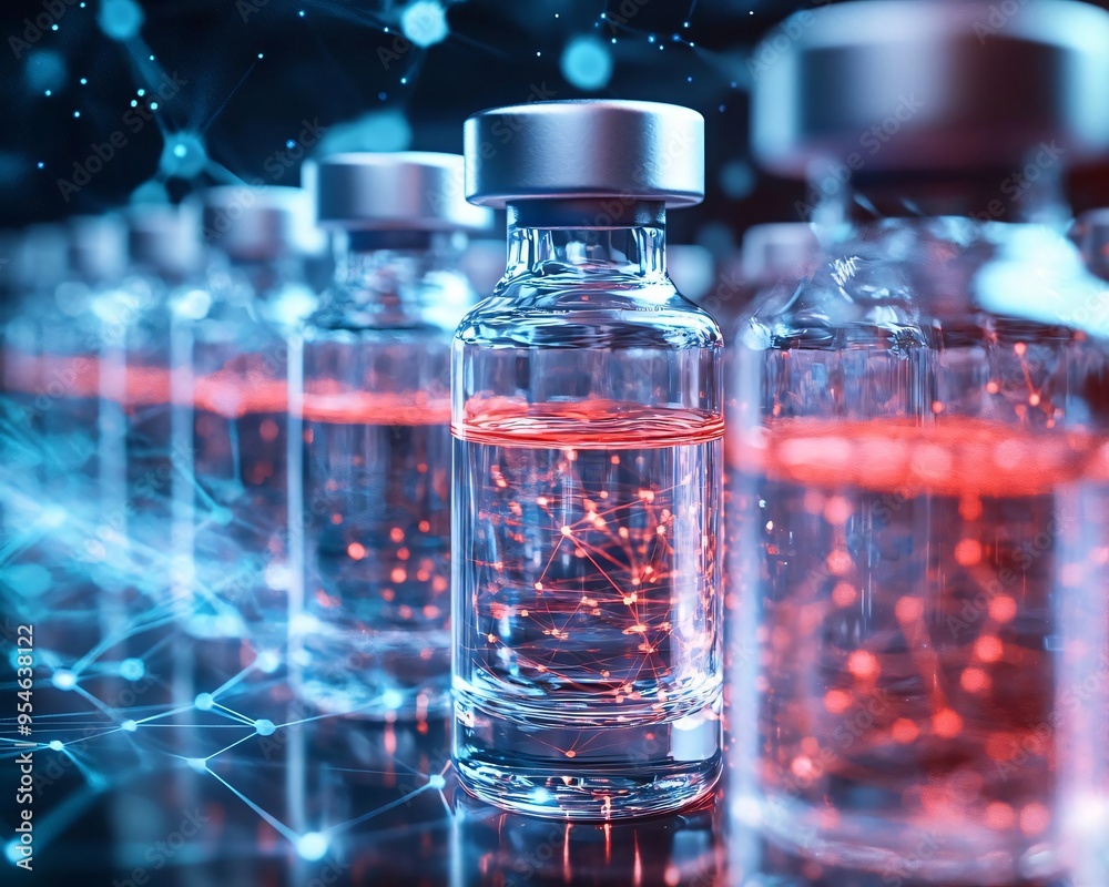Close-up of vaccine vials with liquid, showcasing modern medical technology and innovation in a futuristic setting. Close-up of vaccine vials with liquid, showcasing modern medical technology and innovation in a futuristic setting.