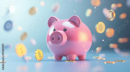 Pink Piggy Bank with Bitcoin Coins