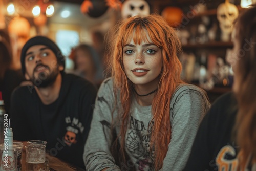 A woman with orange hair is sitting at a bar with two other people