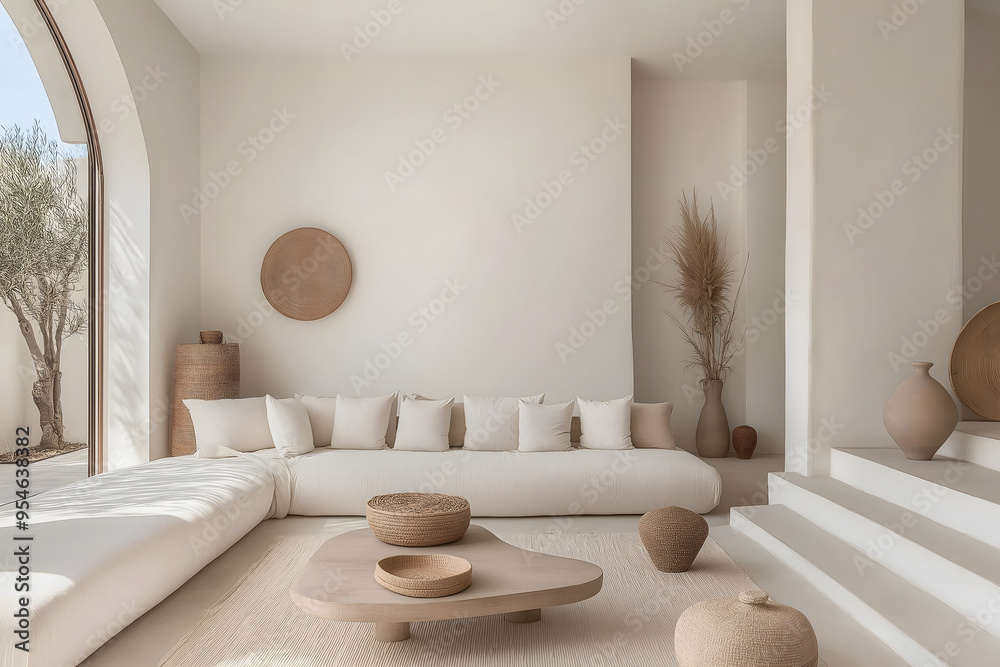 Living Room with Comfortable Sofa and Boho Interior Design Featuring Moroccan Carpet Living Room with Comfortable Sofa and Boho Interior Design Featuring Moroccan Carpet