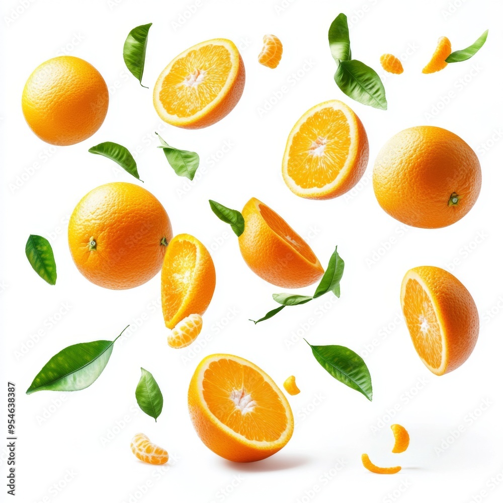 Flying fresh raw whole and sliced oranges with leaves on white background. Falling oranges Flying fresh raw whole and sliced oranges with leaves on white background. Falling oranges