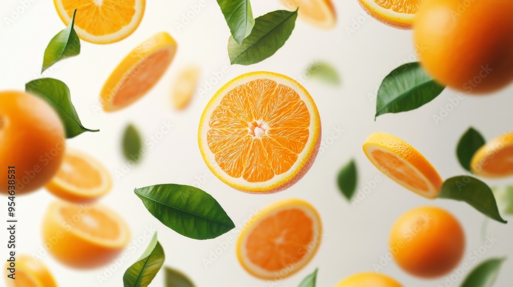 Flying fresh raw whole and sliced oranges with leaves on white background. Falling oranges Flying fresh raw whole and sliced oranges with leaves on white background. Falling oranges