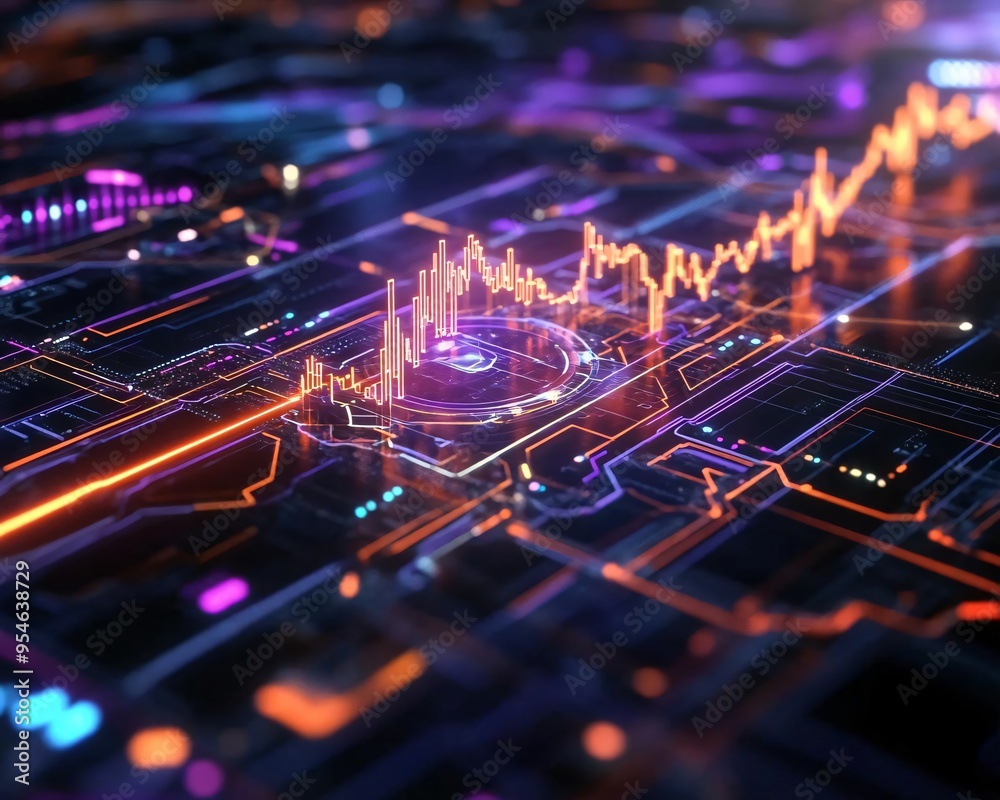 Fototapeta premium Futuristic digital network with glowing lines and charts, representing technology, data analysis, and modern communication.