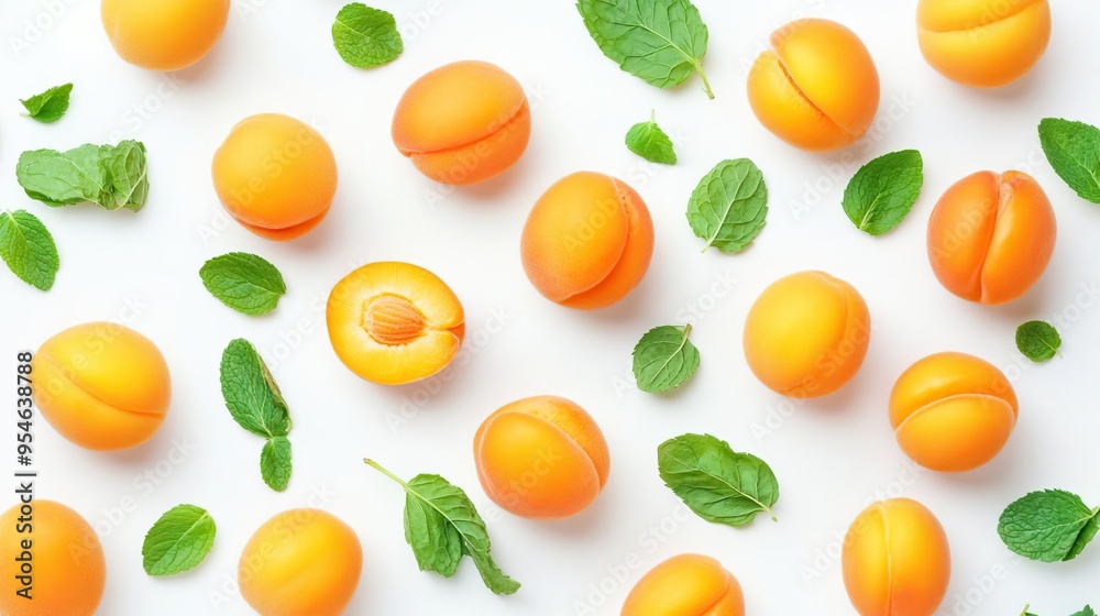A vibrant arrangement of apricots and mint leaves on a white background. A vibrant arrangement of apricots and mint leaves on a white background.