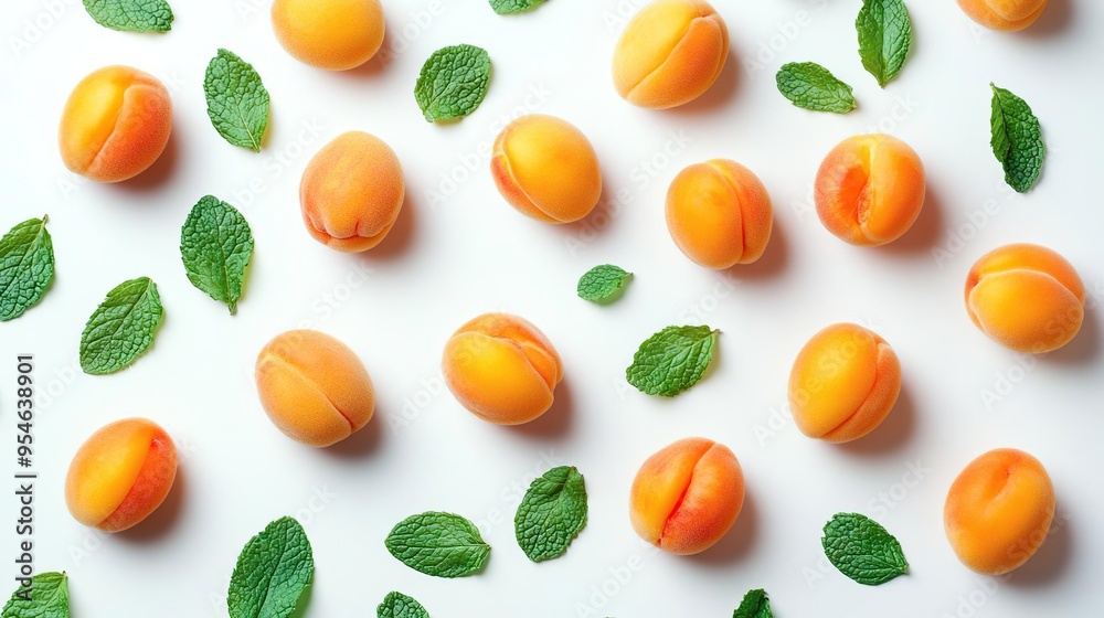 A vibrant arrangement of apricots and mint leaves on a white background.