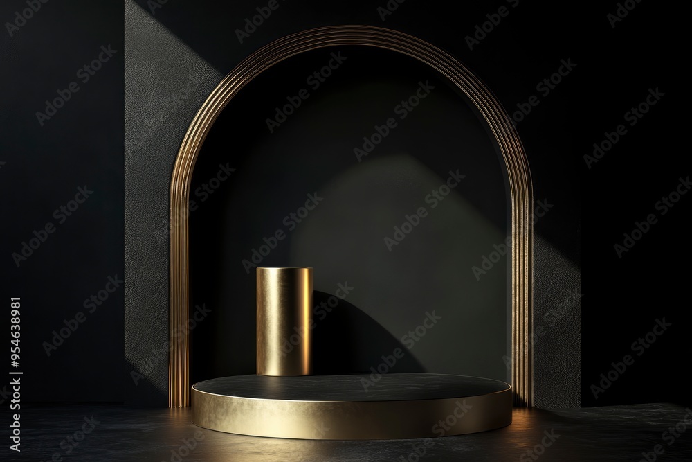 Abstract dark 3D background with realistic gold cylinder pedestal podium, gold arch and round backdrop. Minimal wall scene mockup product display. with generative ai Abstract dark 3D background with realistic gold cylinder pedestal podium, gold arch and round backdrop. Minimal wall scene mockup product display. with generative ai