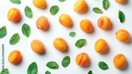 Wallpaper Mural A vibrant arrangement of apricots and mint leaves on a white background. Torontodigital.ca