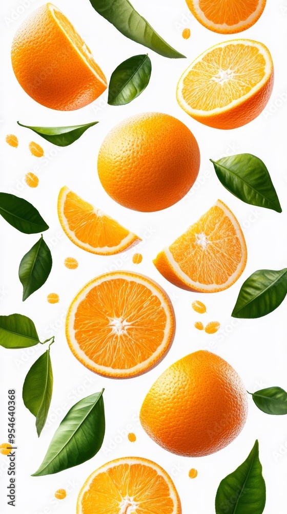 Flying fresh raw whole and sliced oranges with leaves on white background. Falling oranges Flying fresh raw whole and sliced oranges with leaves on white background. Falling oranges