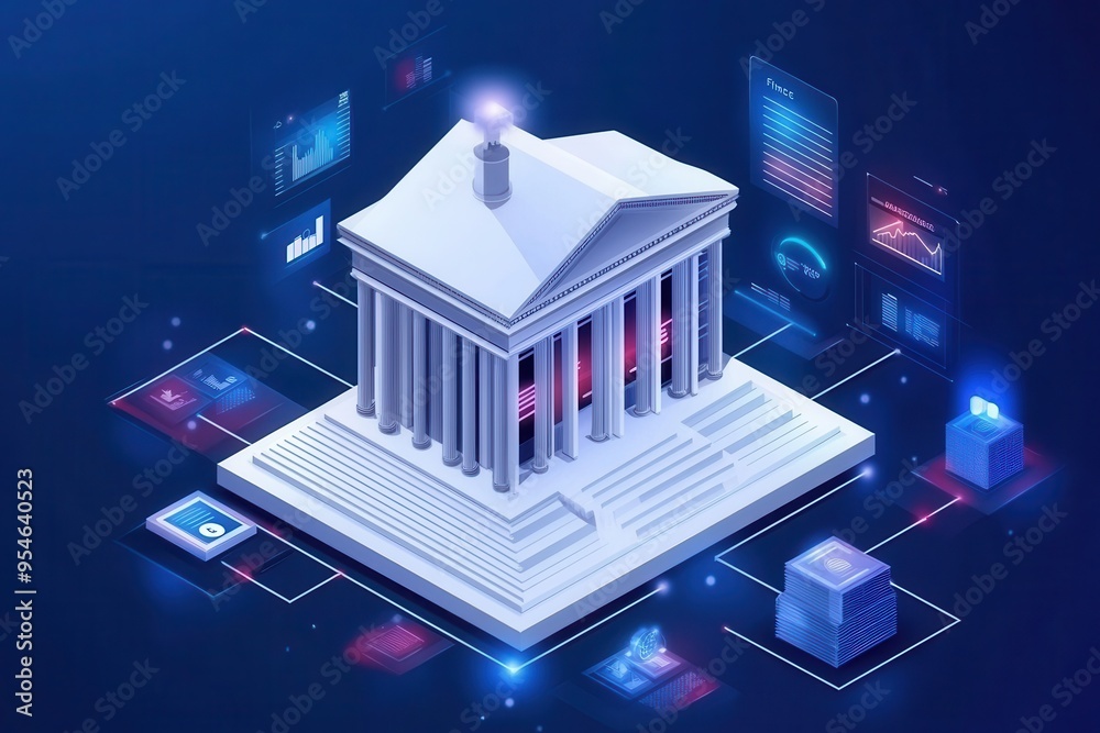 A futuristic illustration of a digital bank building surrounded by data analytics and technology, representing finance and innovation.