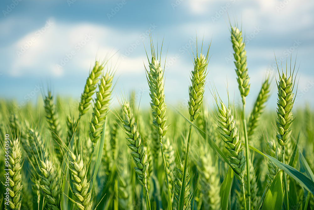 Close-up of green wheat stalks in a field with a blue sky and sunbeams in the background Close-up of green wheat stalks in a field with a blue sky and sunbeams in the background