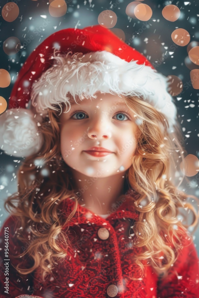 Adorable Child Wearing Santa Hat with Bokeh Holiday Lights Background Adorable Child Wearing Santa Hat with Bokeh Holiday Lights Background