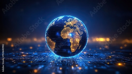 A glowing digital globe represents global connectivity and technology in a futuristic background with data and lights.