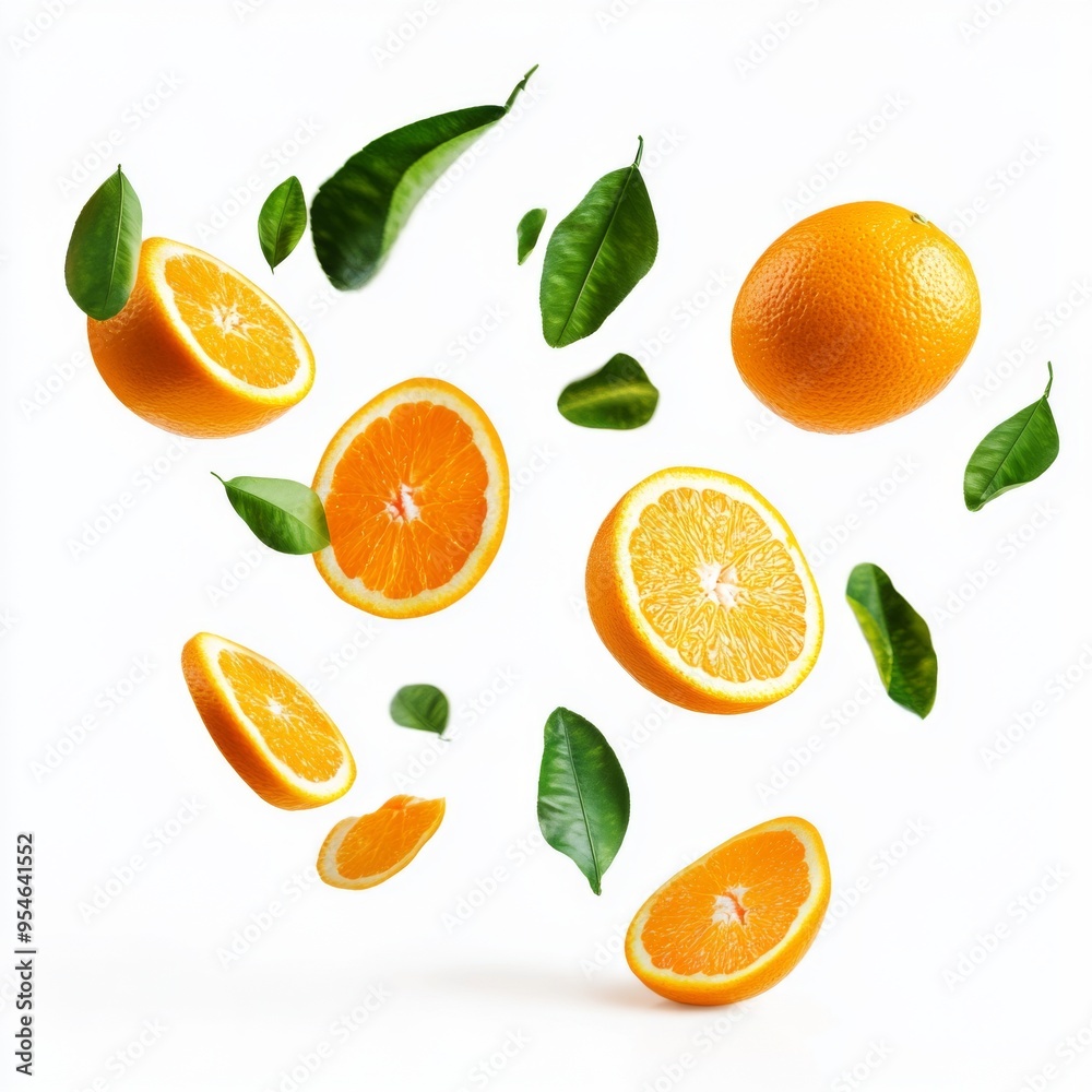 Flying fresh raw whole and sliced oranges with leaves on white background. Falling oranges