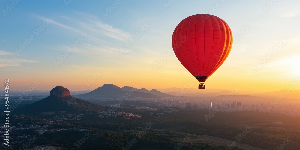 Fototapeta premium A beautiful sunrise landscape with a red hot air balloon in sky