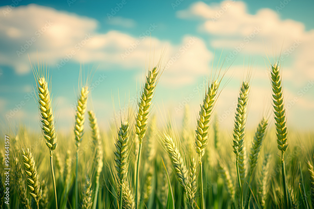 Close-up of green wheat stalks in a field with a blue sky and sunbeams in the background Close-up of green wheat stalks in a field with a blue sky and sunbeams in the background